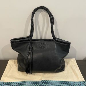 TORY BURCH-Taylor-Braided-Handle Tote Shoulder Bag-Black Pebbled Leather